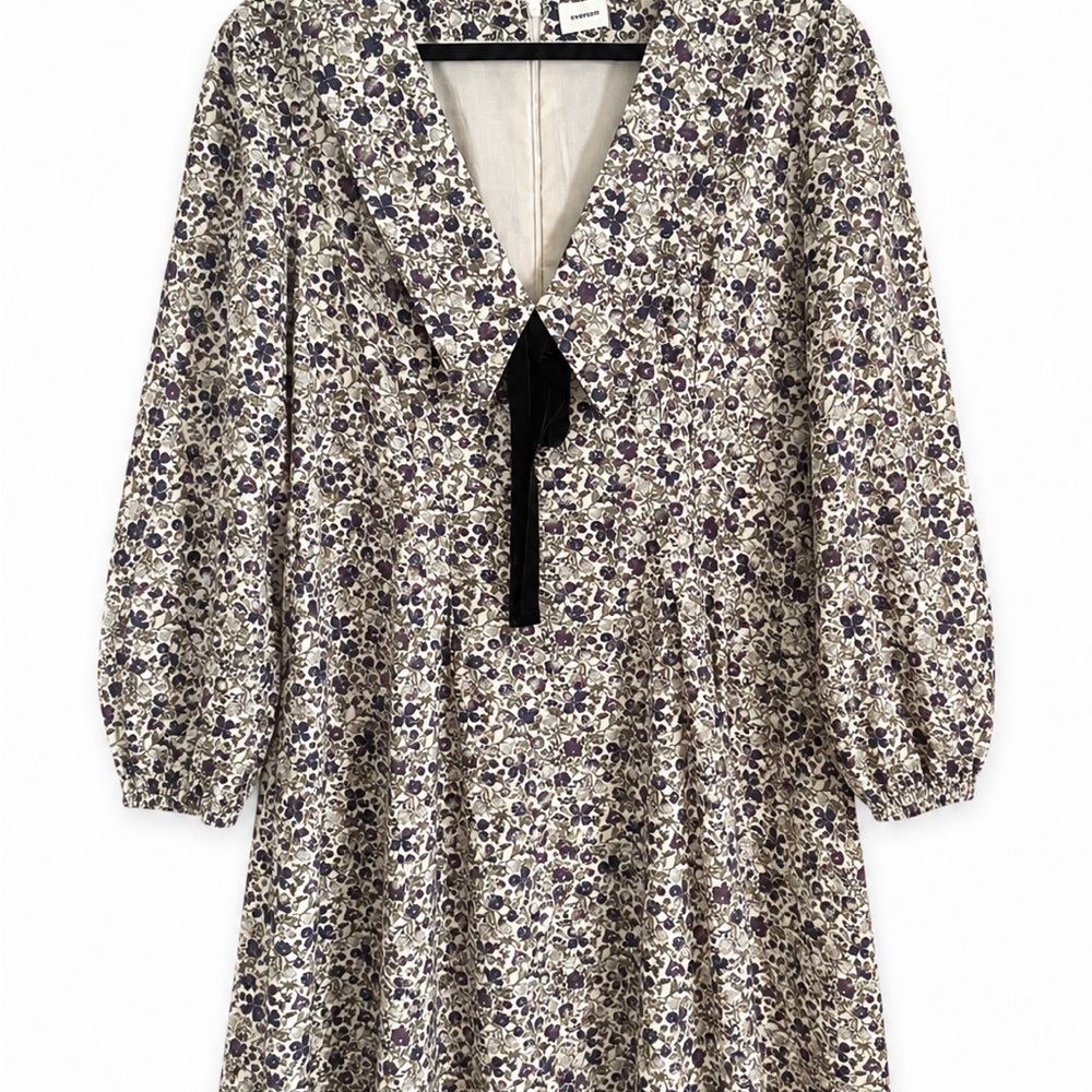 Floral Puff-Sleeve A-Line Dress in Cream and Purple
